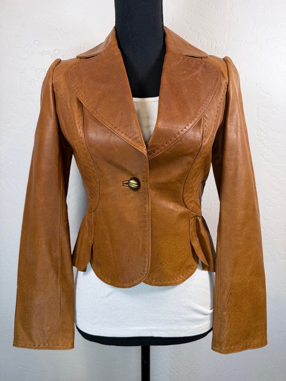 Moda International Brown Leather Peplum Jacket Vintage Y2K Women’s XS